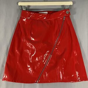Urban Outfitters Skirt Womens Small Red Patent Shine Asymmetrical Zip Mini USA